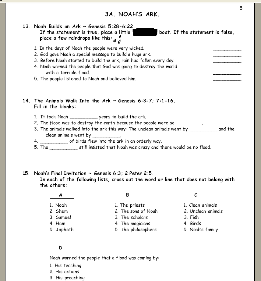 Bible Study Worksheets For Volume 1 Adam And Eve Noah And The Ark And